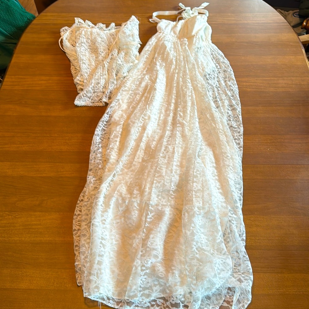 True vintage 60s 70s white lace wedding maxi dress gown with bolero boho hippie